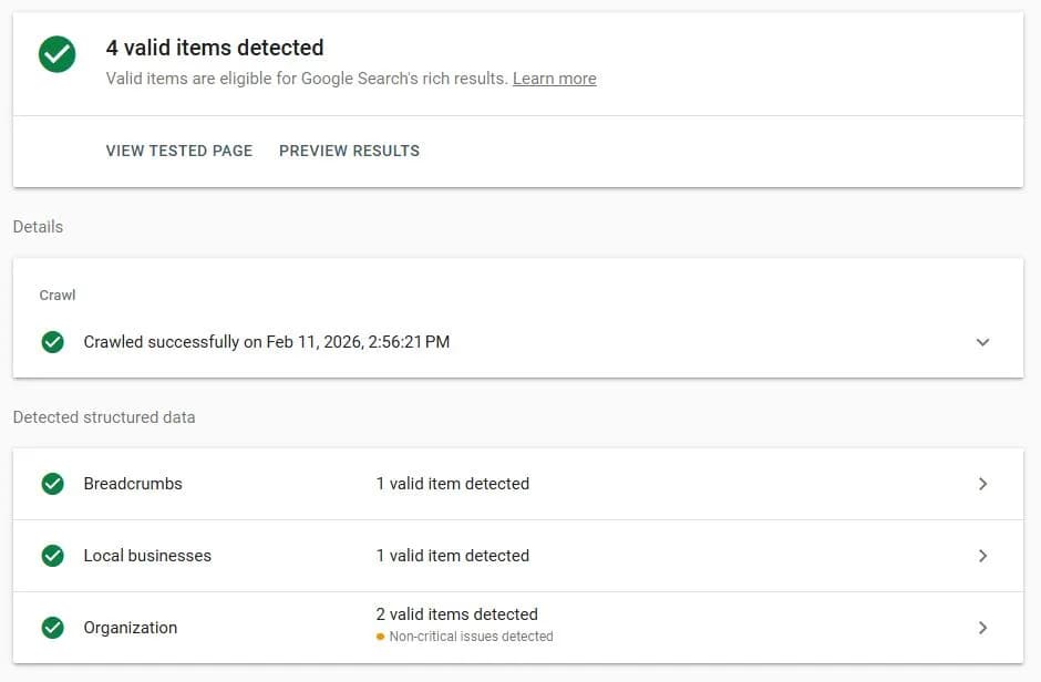 Example of Google Rich Results Test showing valid schema markup detection for breadcrumbs, and organization data.