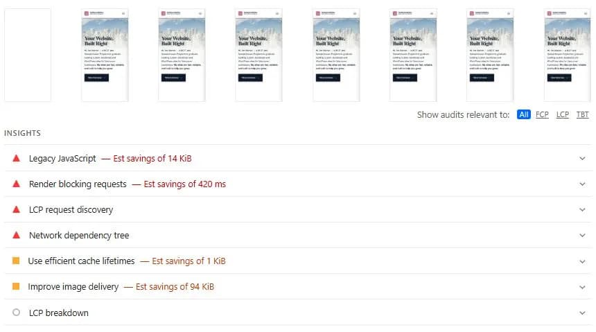 Lighthouse performance insights showing potential optimizations for ihawp.com, including image delivery improvements and render-blocking requests.