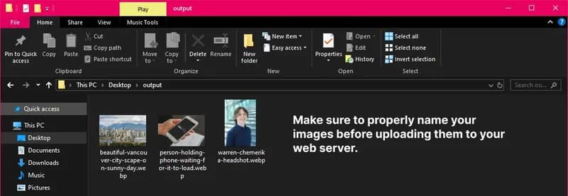 Windows 10 File Explorer showing three properly named WebP images ready to upload to a web server.