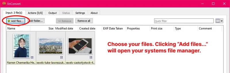 The XnConvert input page with 3 images selected from multiple folders.