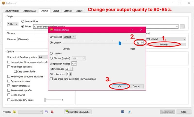 The XnConvert Output tab with the quality settings dialog open, accessed by clicking the settings button next to the Format dropdown.