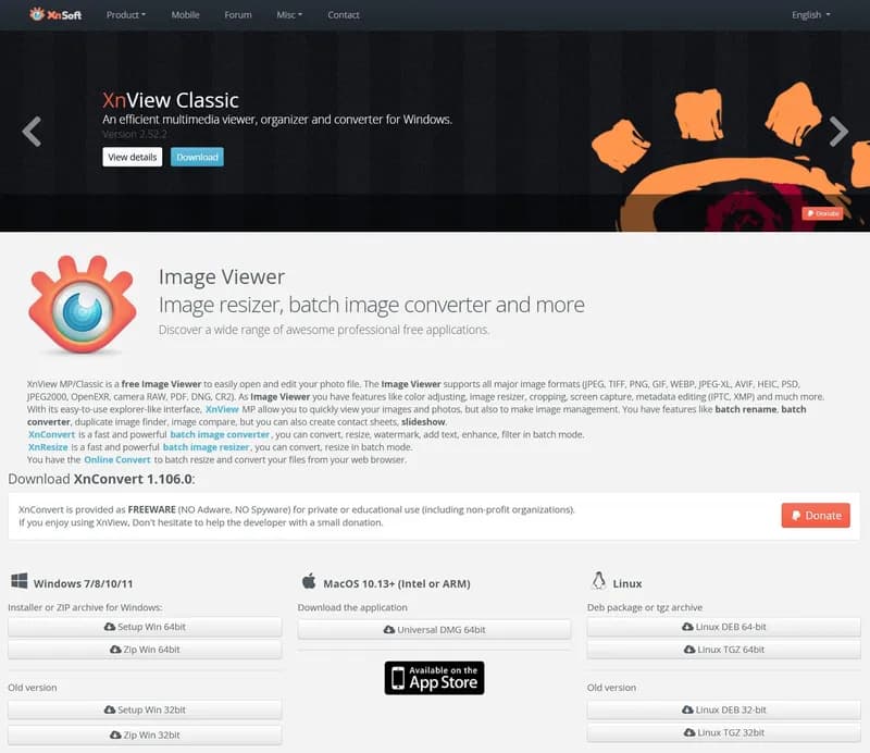 The XnConvert download page on xnview.com/en/xnconvert