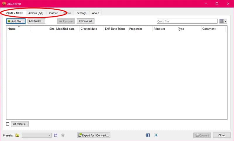The XnConvert input page with no files selected. The three tabs (Input, Actions, Output) are highlighted on the top left of the application.