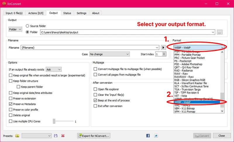 The XnConvert Output tab showing the Format dropdown on the right side set to WebP.