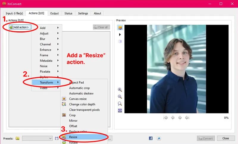The Add Action menu open in XnConvert, with the Transform sub-menu expanded showing the Resize option.