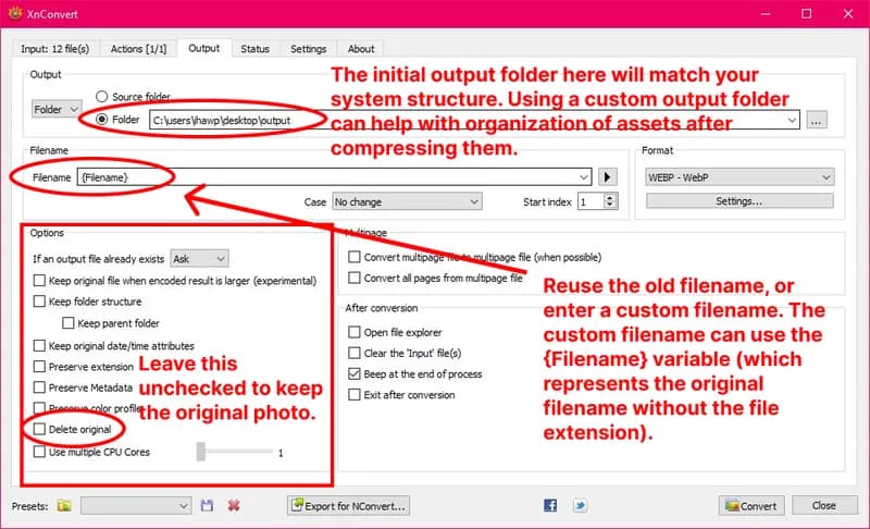 The XnConvert output folder settings. A custom output folder helps with organization. The filename field supports the {Filename} variable to reuse the original filename without its extension.
