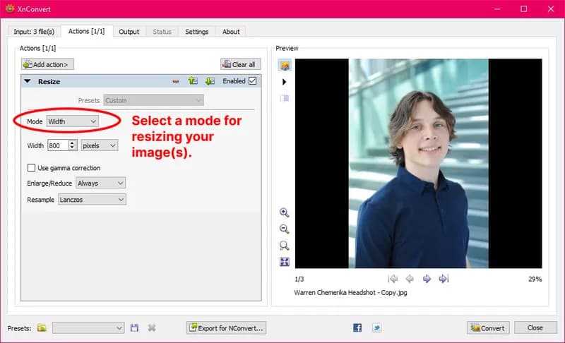 The XnConvert Actions page with the resize mode set to Width and the width set to 800 pixels.