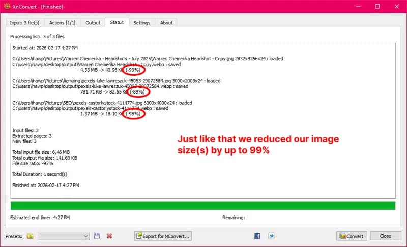 The XnConvert Status screen showing three images converted from megabyte-sized JPGs to kilobyte-sized WebP files, with reductions reaching 99%.